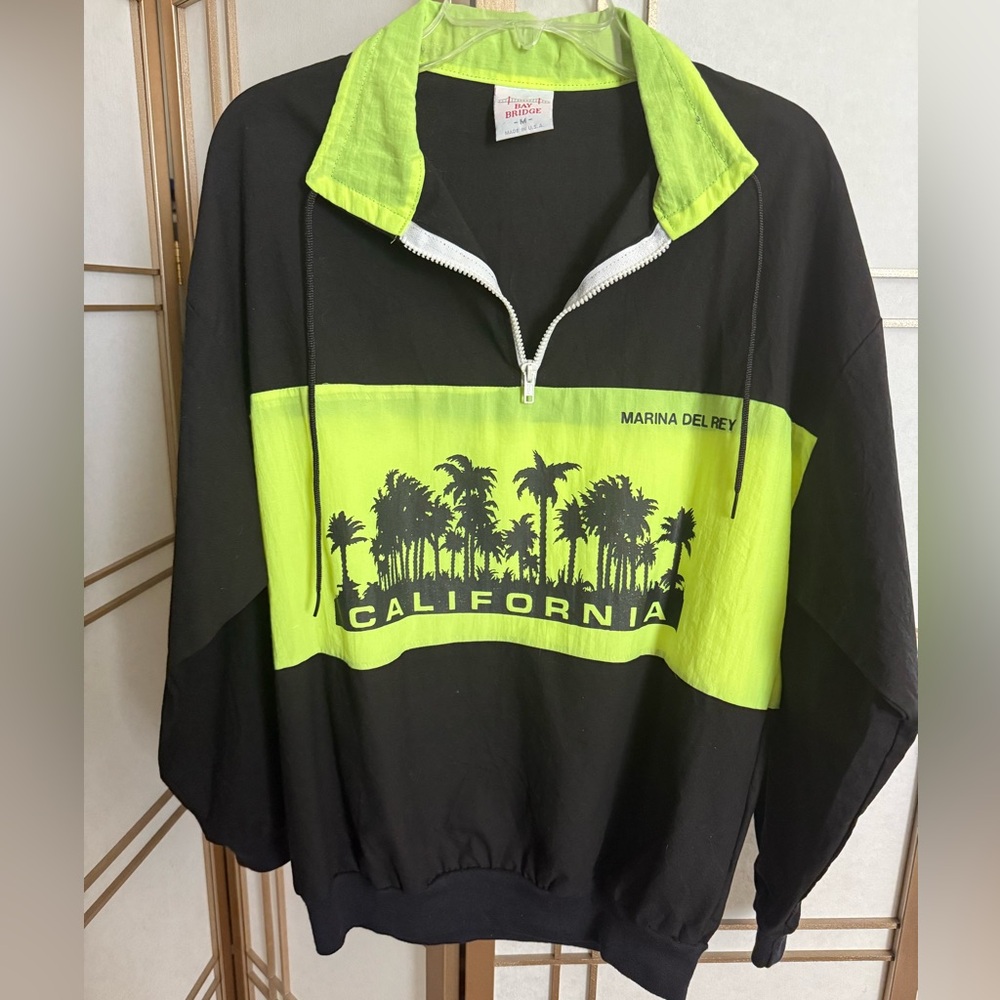 RARE - VTG Retro 80s 90s Marina del Rey CA Neon Yellow Black Windbreaker Jacket